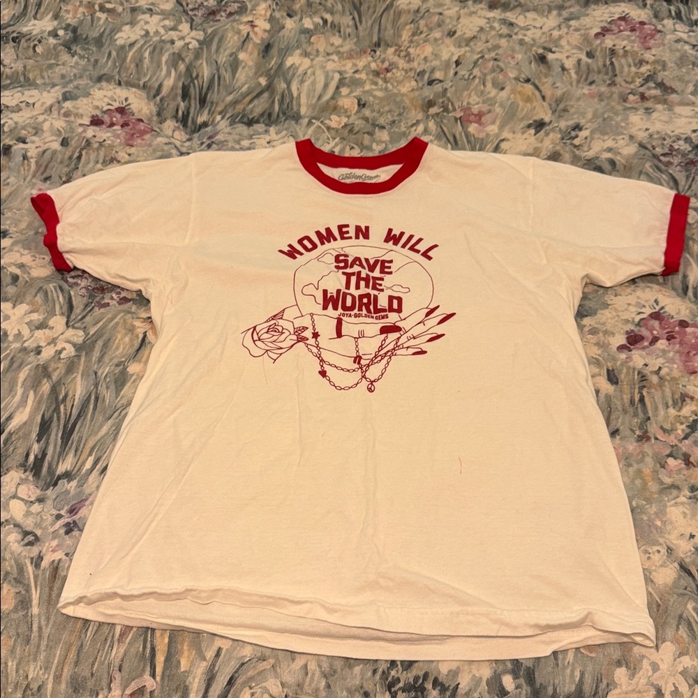 Golden Gems Women Will Save the World Ringer T shirt (L)